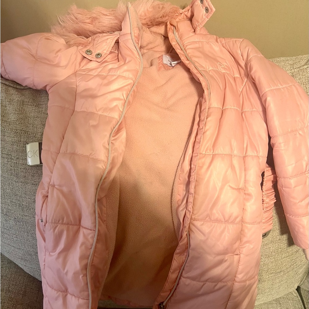 Calvin Klein girls fur coats with attached buckle